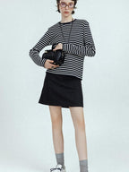 chicjuly Subtle Striped Textured High Waist A Line Women's Wool Acetate Mini Skirts