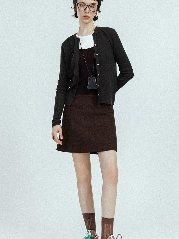 chicjuly Subtle Striped Textured High Waist A Line Women's Wool Acetate Mini Skirts