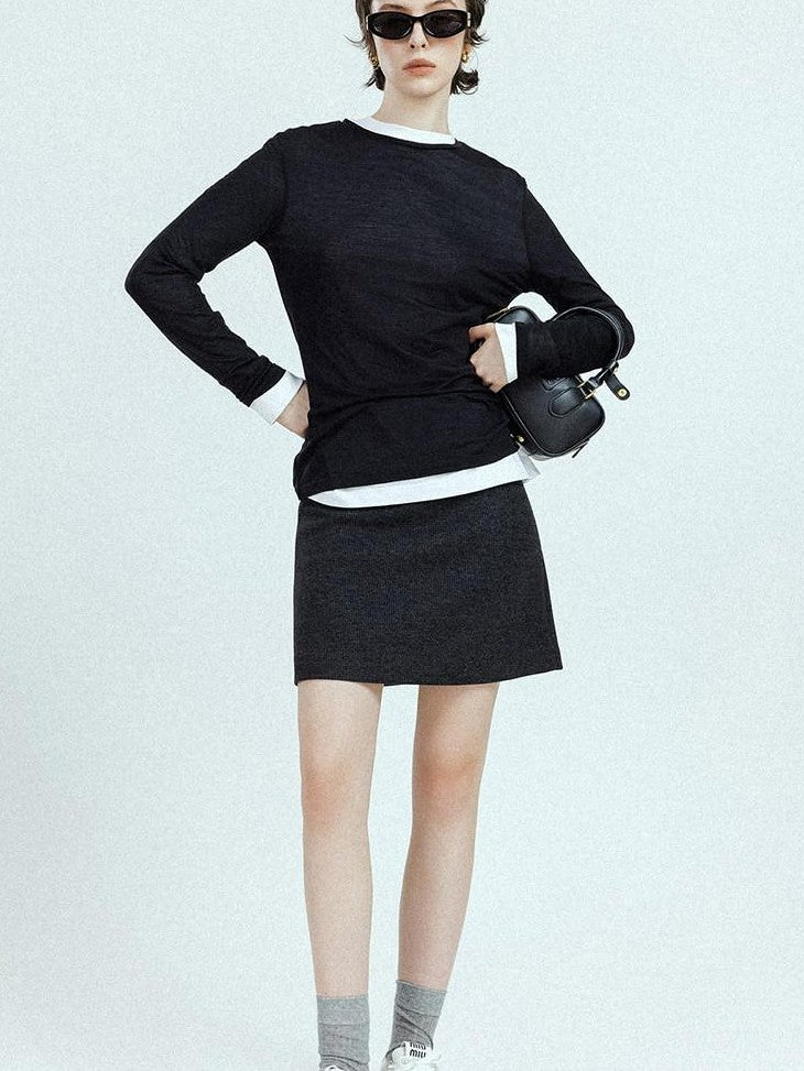 chicjuly Subtle Striped Textured High Waist A Line Women's Wool Acetate Mini Skirts