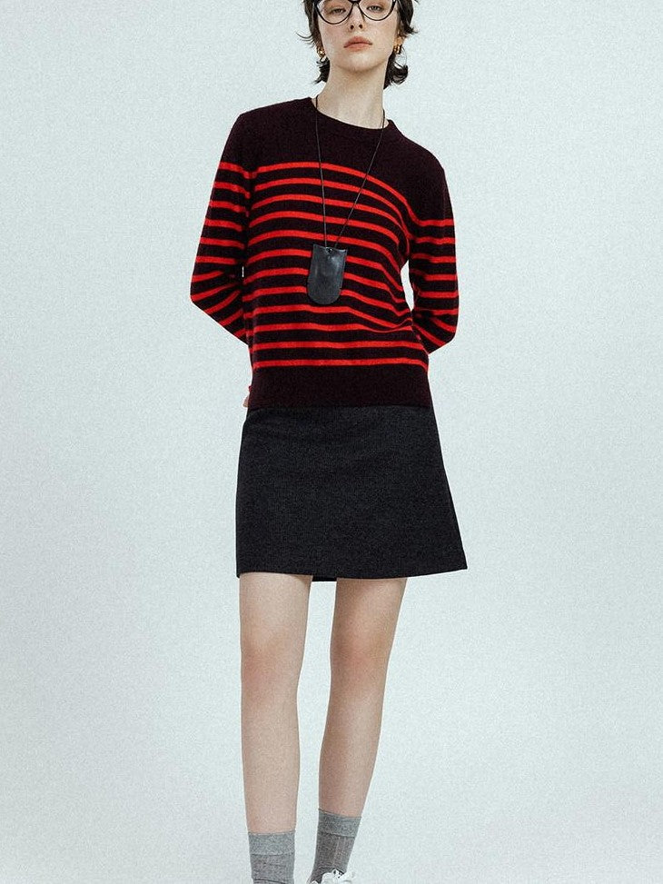 chicjuly Subtle Striped Textured High Waist A Line Women's Wool Acetate Mini Skirts