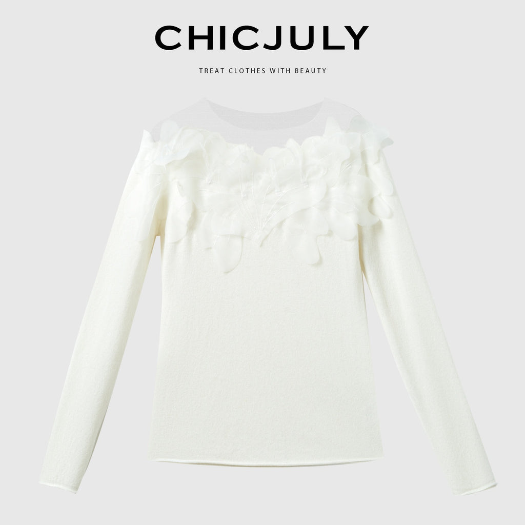 chicjuly Swan Neck Hand Embroidered 3d Floral Mesh Women's Wool Blouses 760188013312