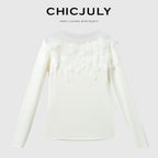 chicjuly Swan Neck Hand Embroidered 3d Floral Mesh Women's Wool Blouses 760188013312
