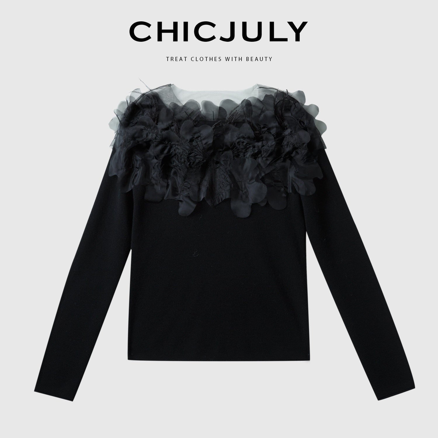 chicjuly Swan Neck Hand Embroidered 3d Floral Mesh Women's Wool Blouses 760188013312