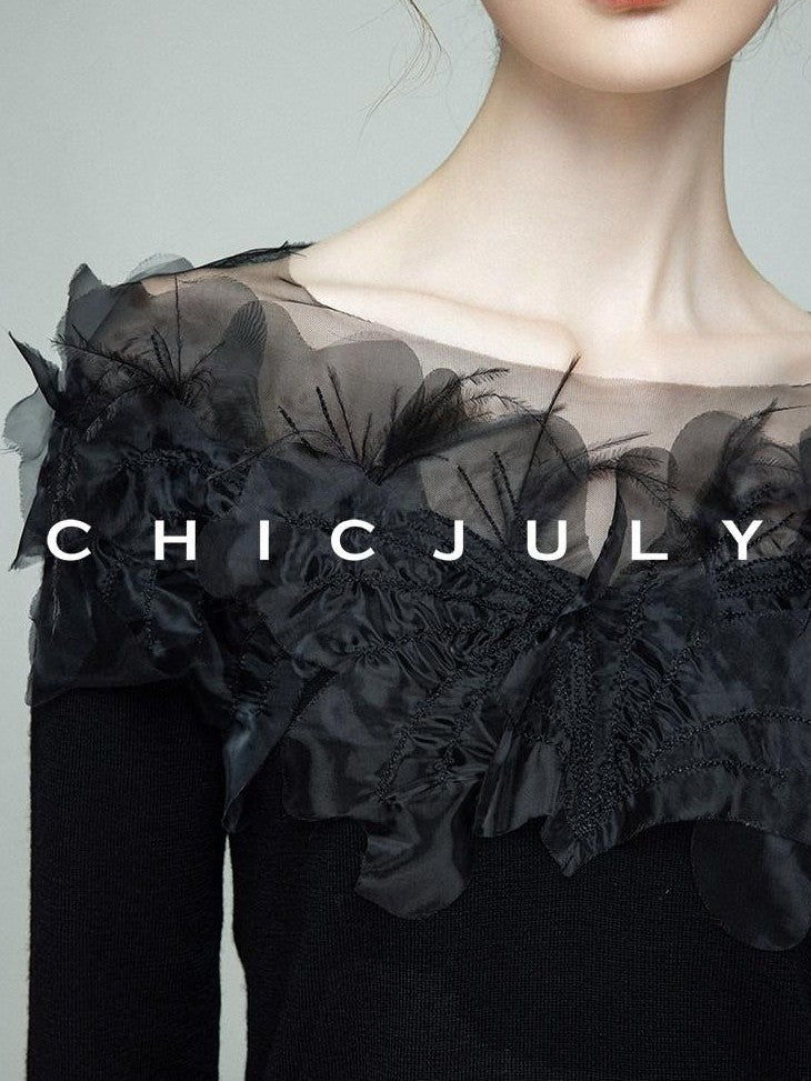 chicjuly Swan Neck Hand Embroidered 3d Floral Mesh Women's Wool Blouses