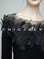 chicjuly Swan Neck Hand Embroidered 3d Floral Mesh Women's Wool Blouses