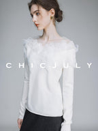 chicjuly Swan Neck Hand Embroidered 3d Floral Mesh Women's Wool Blouses