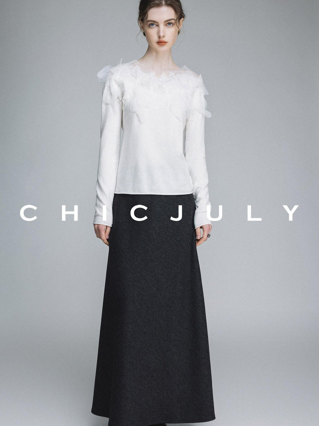 chicjuly Swan Neck Hand Embroidered 3d Floral Mesh Women's Wool Blouses
