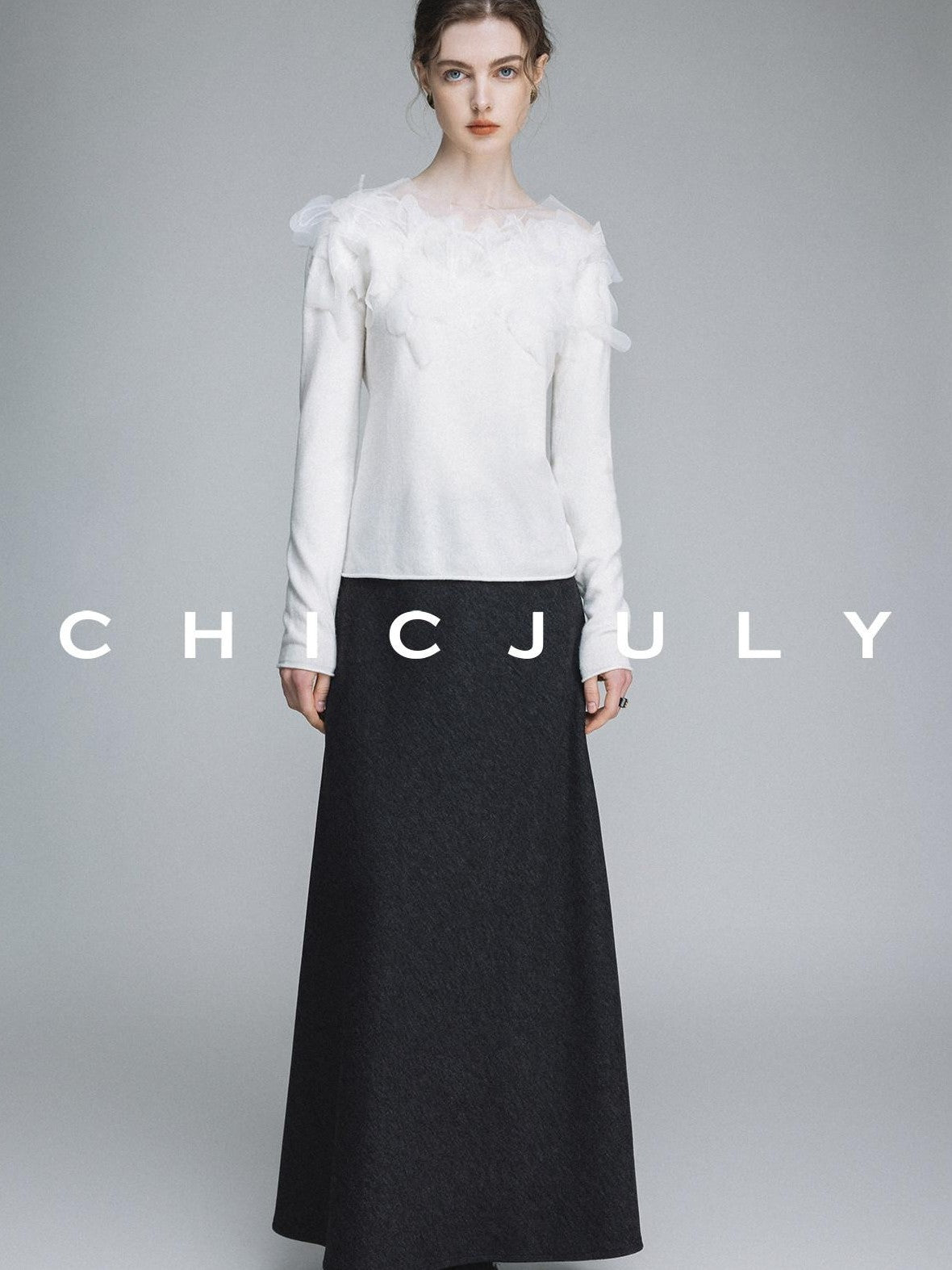 chicjuly Swan Neck Hand Embroidered 3d Floral Mesh Women's Wool Blouses