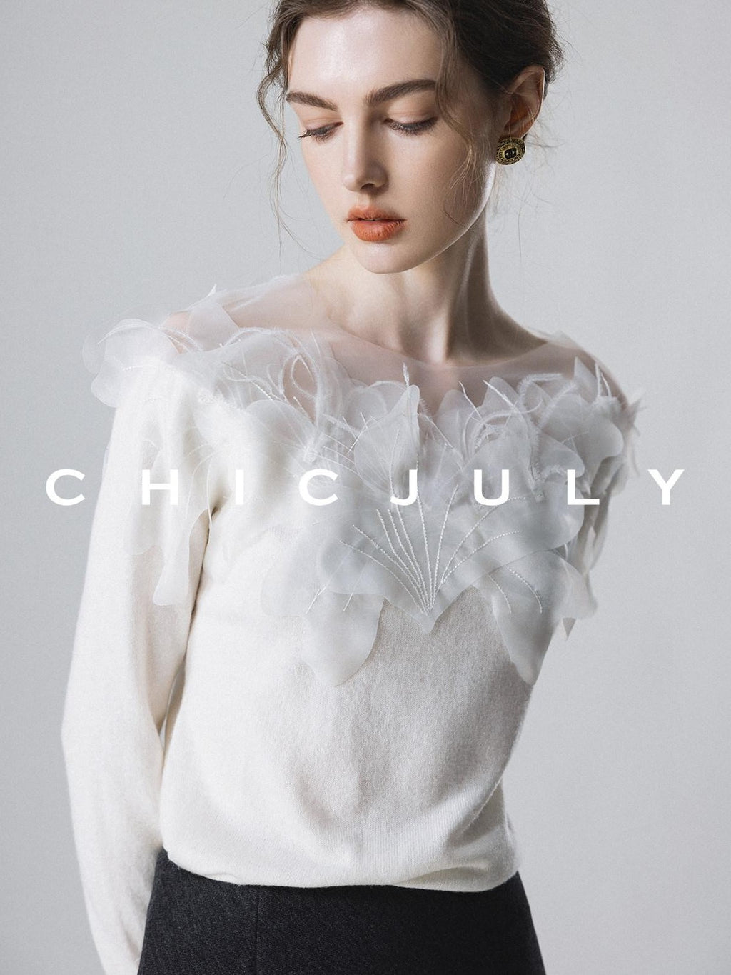 chicjuly Swan Neck Hand Embroidered 3d Floral Mesh Women's Wool Blouses