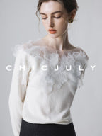 chicjuly Swan Neck Hand Embroidered 3d Floral Mesh Women's Wool Blouses