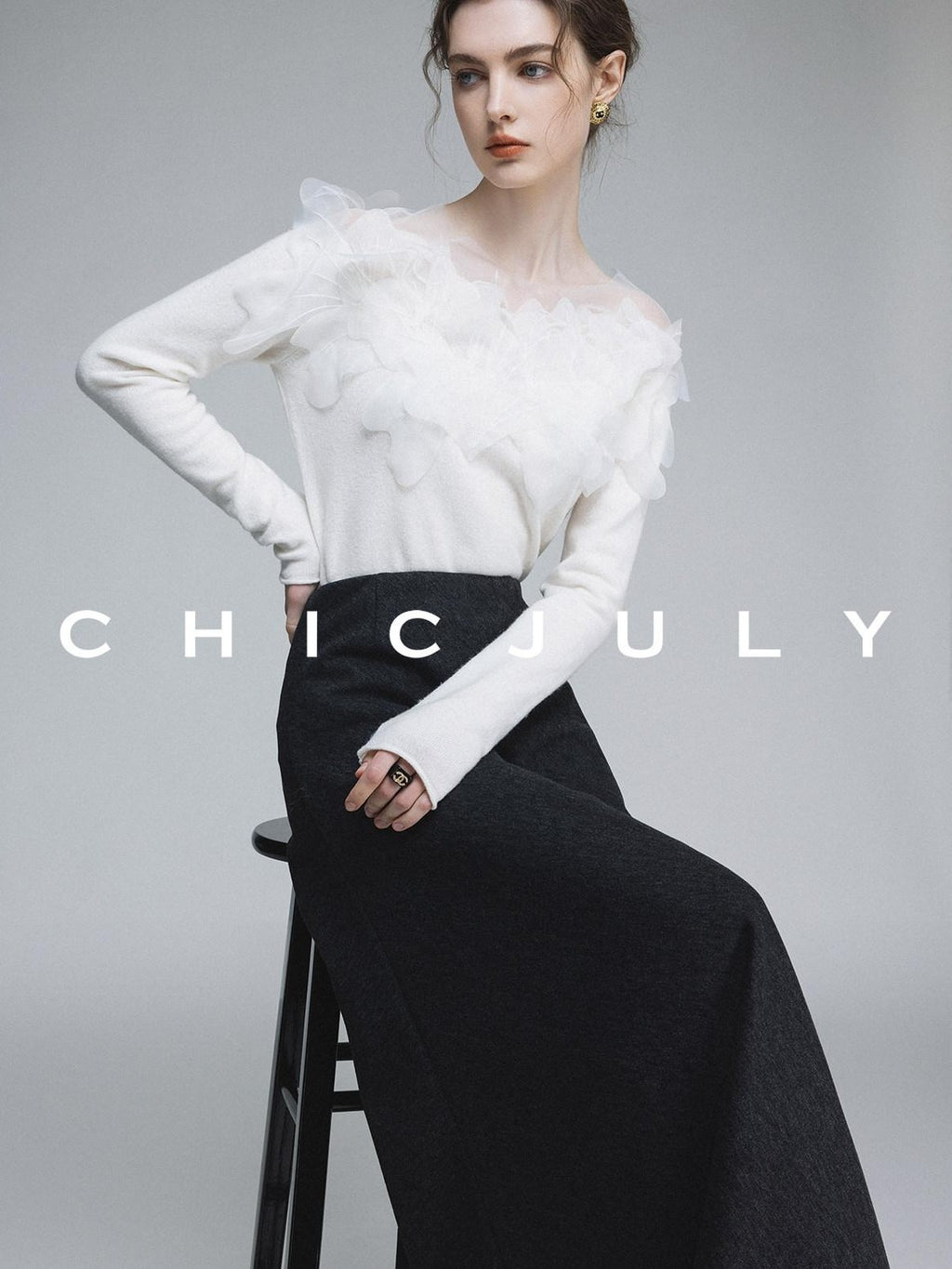 chicjuly Swan Neck Hand Embroidered 3d Floral Mesh Women's Wool Blouses