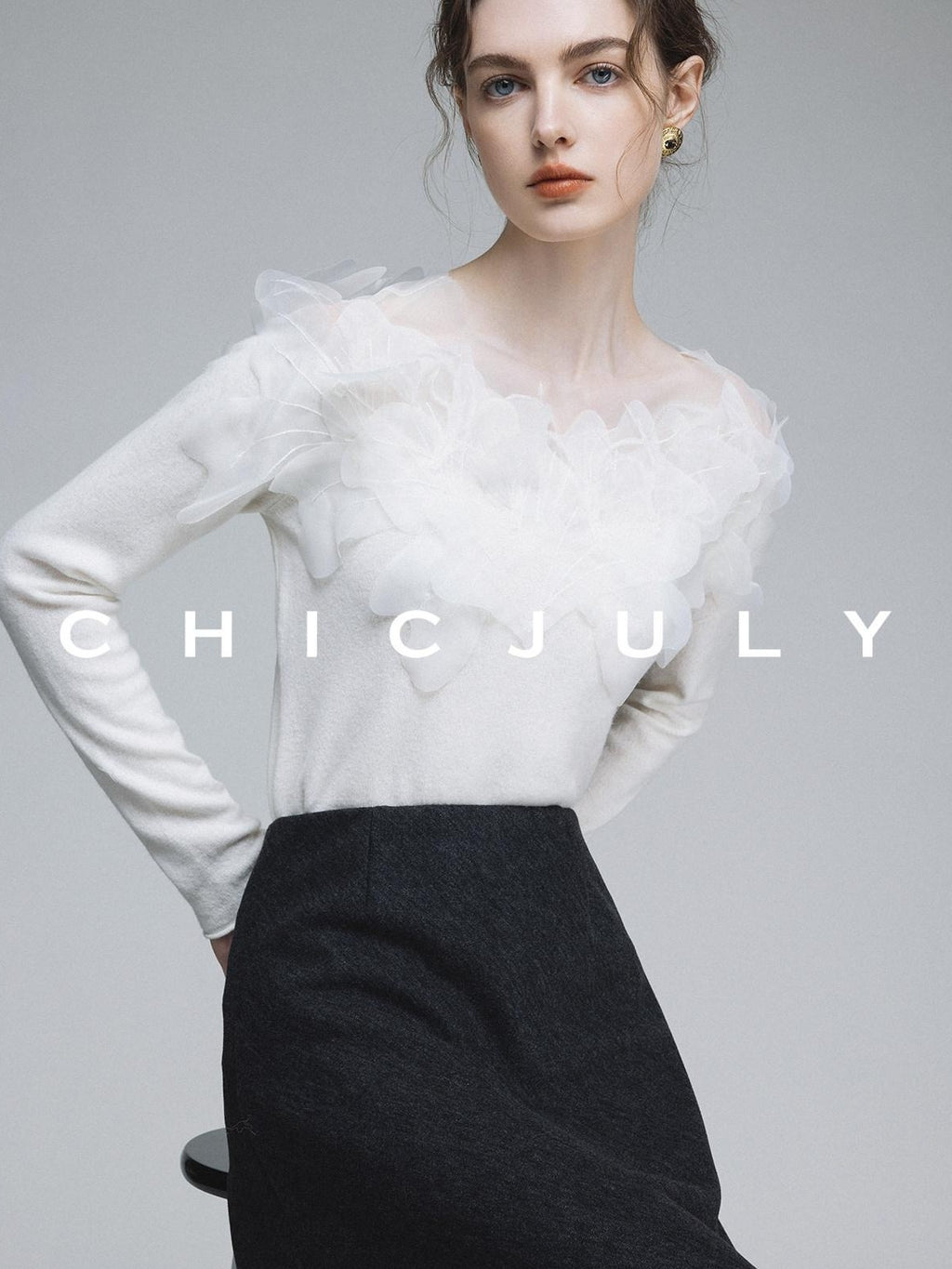 chicjuly Swan Neck Hand Embroidered 3d Floral Mesh Women's Wool Blouses