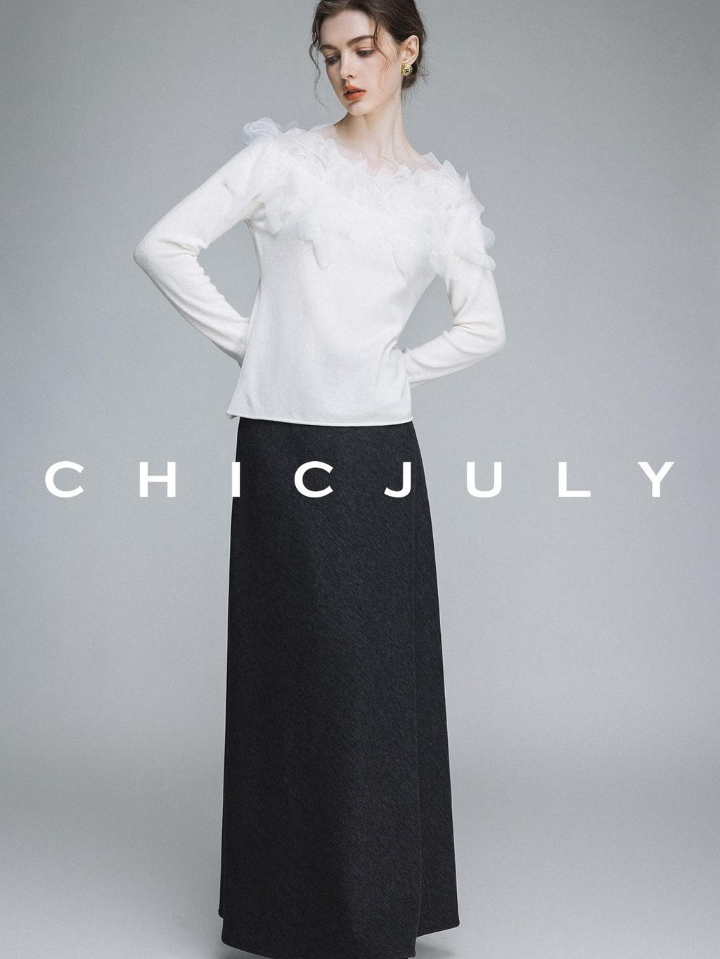 chicjuly Swan Neck Hand Embroidered 3d Floral Mesh Women's Wool Blouses