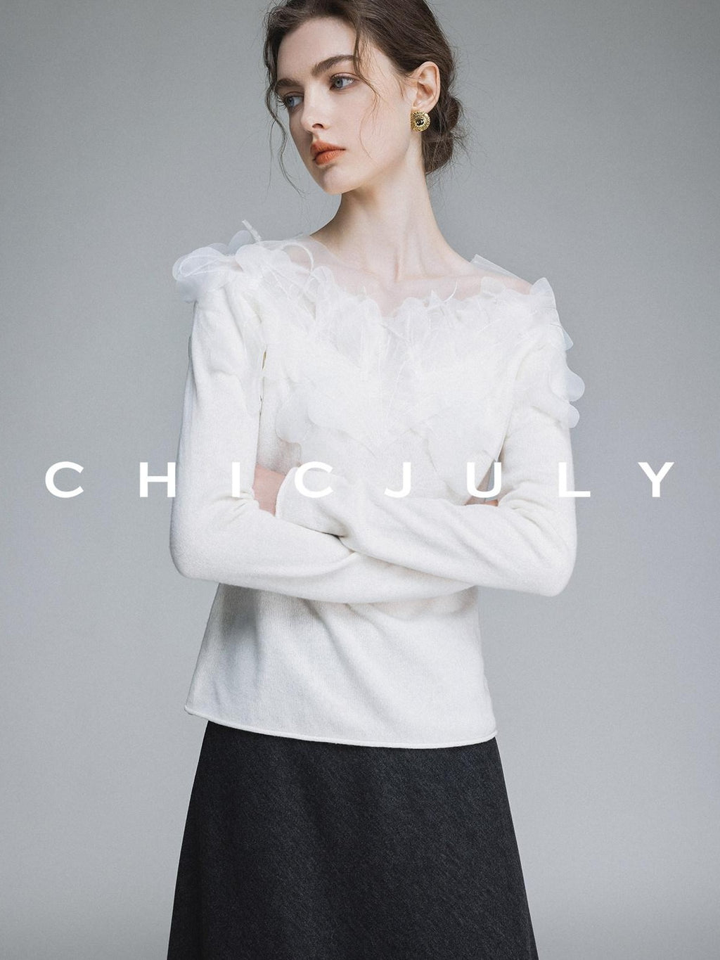 chicjuly Swan Neck Hand Embroidered 3d Floral Mesh Women's Wool Blouses