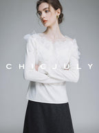 chicjuly Swan Neck Hand Embroidered 3d Floral Mesh Women's Wool Blouses