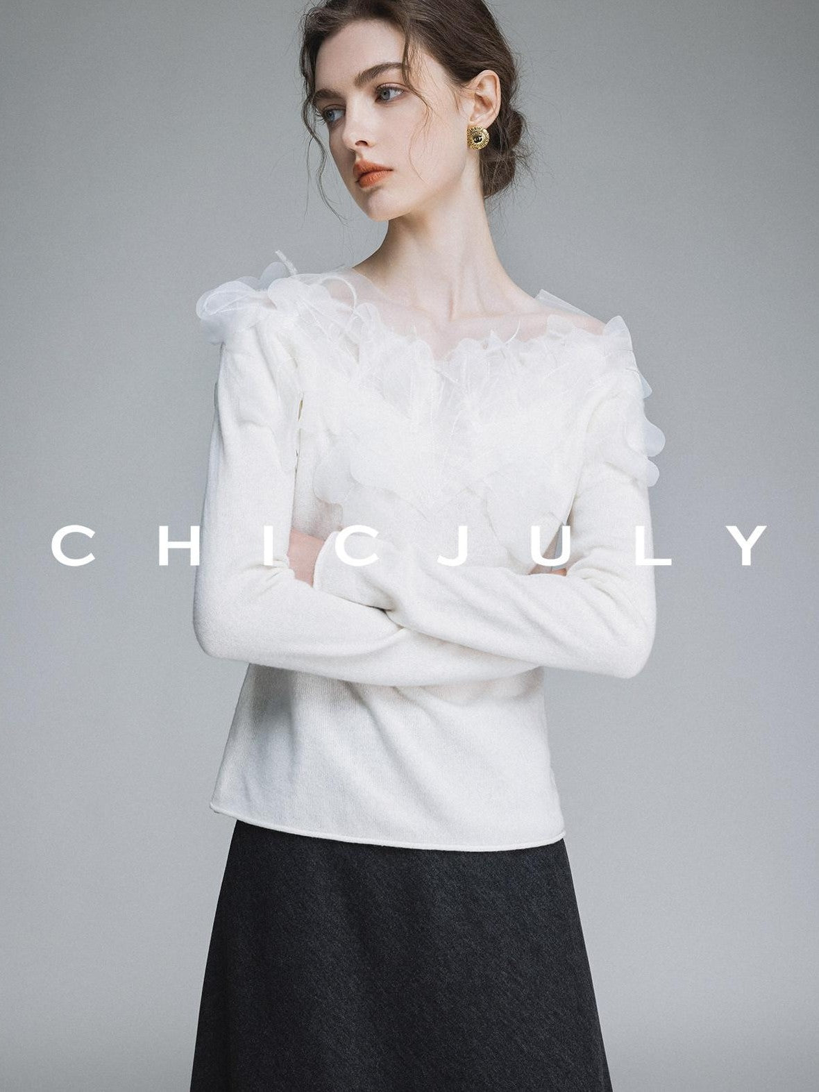 chicjuly Swan Neck Hand Embroidered 3d Floral Mesh Women's Wool Blouses