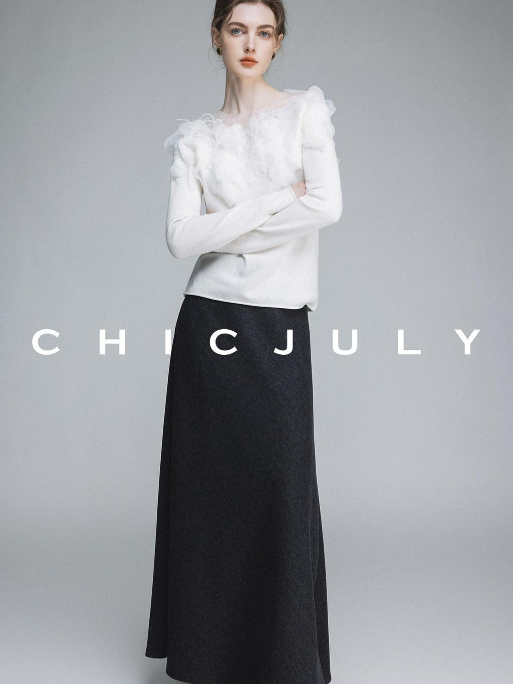 chicjuly Swan Neck Hand Embroidered 3d Floral Mesh Women's Wool Blouses