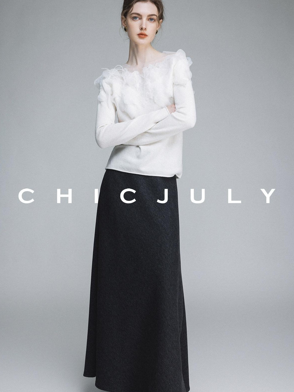 chicjuly Swan Neck Hand Embroidered 3d Floral Mesh Women's Wool Blouses