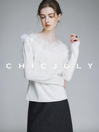 chicjuly Swan Neck Hand Embroidered 3d Floral Mesh Women's Wool Blouses