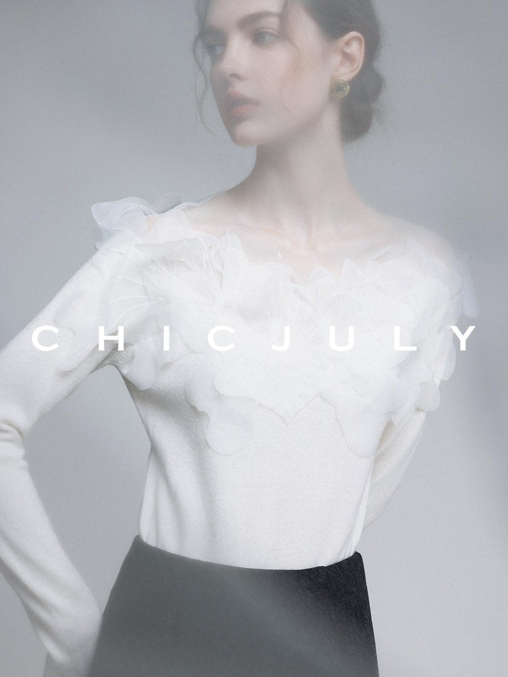 chicjuly Swan Neck Hand Embroidered 3d Floral Mesh Women's Wool Blouses