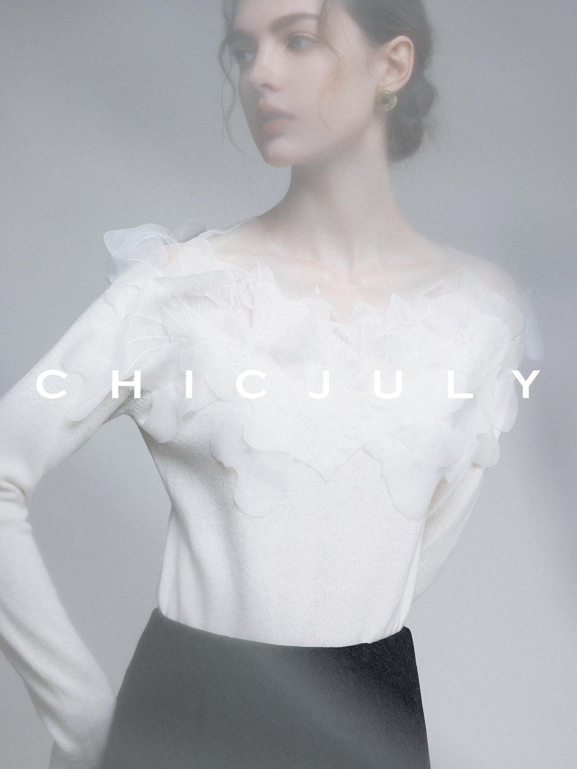 chicjuly Swan Neck Hand Embroidered 3d Floral Mesh Women's Wool Blouses