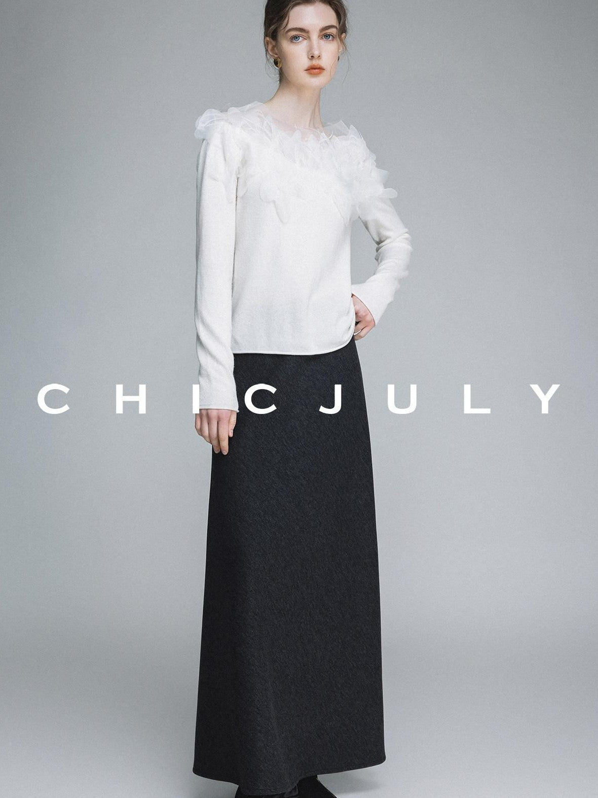 chicjuly Swan Neck Hand Embroidered 3d Floral Mesh Women's Wool Blouses