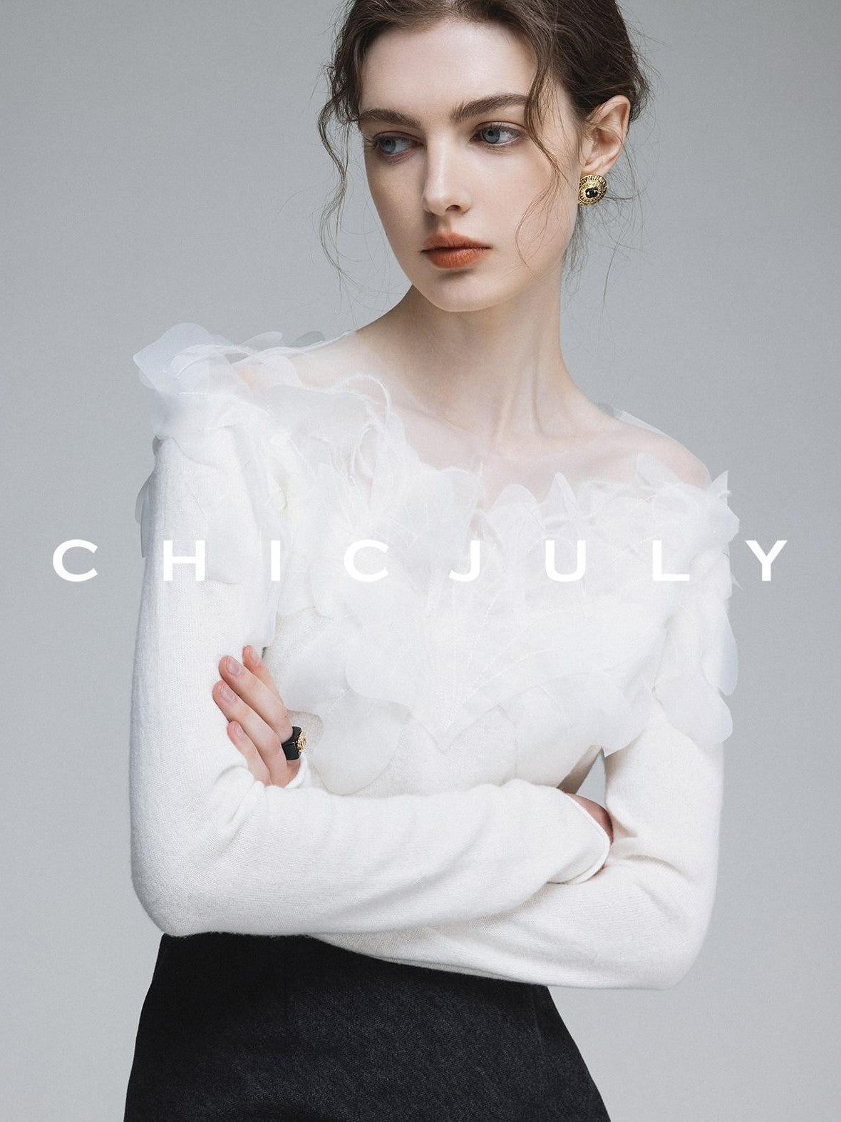 chicjuly Swan Neck Hand Embroidered 3d Floral Mesh Women's Wool Blouses
