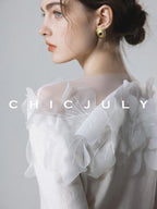 chicjuly Swan Neck Hand Embroidered 3d Floral Mesh Women's Wool Blouses