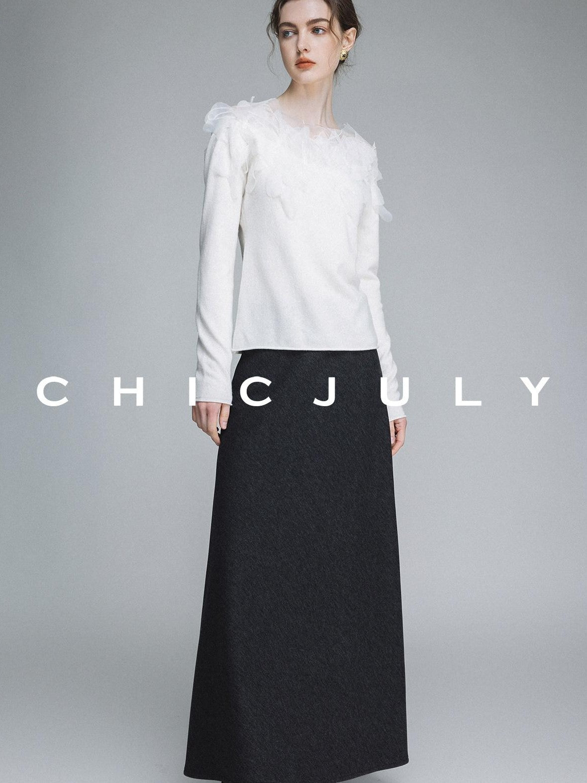 chicjuly Swan Neck Hand Embroidered 3d Floral Mesh Women's Wool Blouses