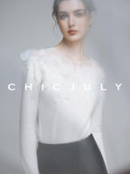 chicjuly Swan Neck Hand Embroidered 3d Floral Mesh Women's Wool Blouses