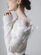 chicjuly Swan Neck Hand Embroidered 3d Floral Mesh Women's Wool Blouses