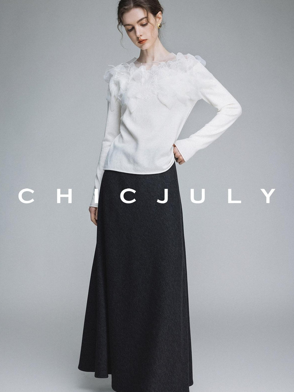 chicjuly Swan Neck Hand Embroidered 3d Floral Mesh Women's Wool Blouses
