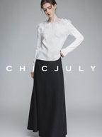 chicjuly Swan Neck Hand Embroidered 3d Floral Mesh Women's Wool Blouses