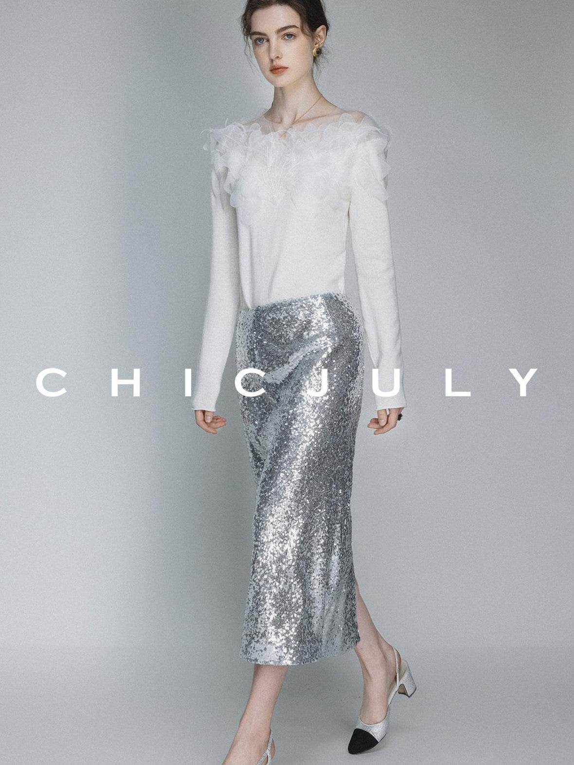 chicjuly Swan Neck Hand Embroidered 3d Floral Mesh Women's Wool Blouses