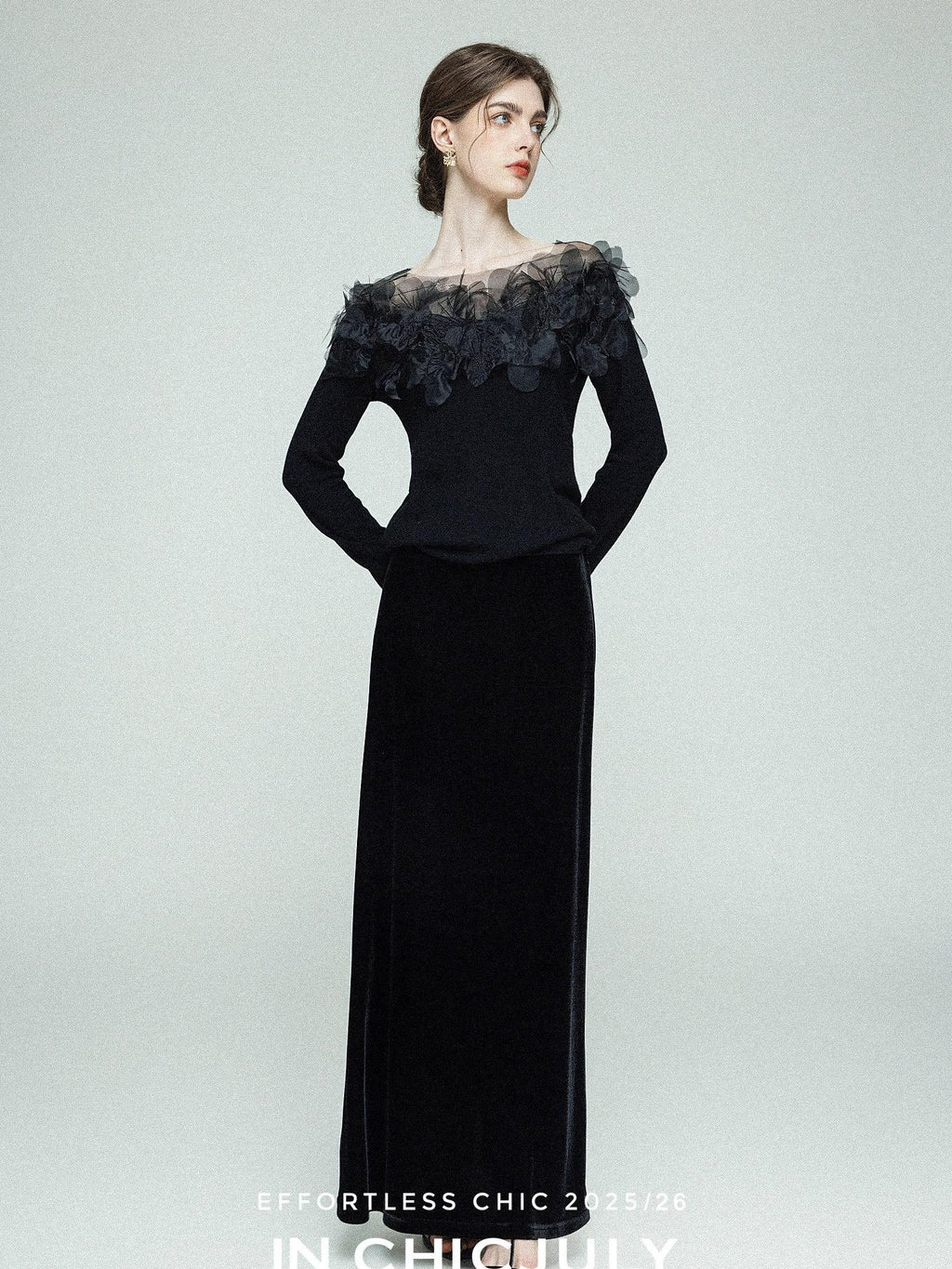 chicjuly Swan Neck Hand Embroidered 3d Floral Mesh Women's Wool Blouses