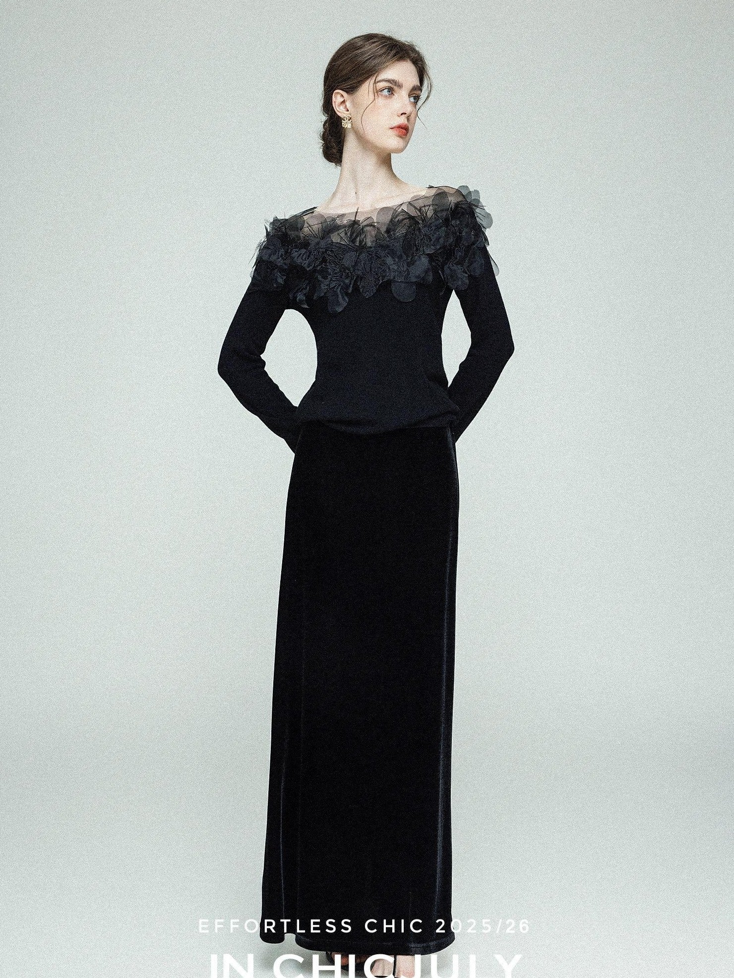 chicjuly Swan Neck Hand Embroidered 3d Floral Mesh Women's Wool Blouses