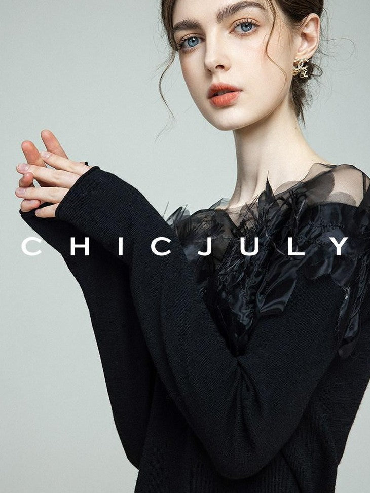 chicjuly Swan Neck Hand Embroidered 3d Floral Mesh Women's Wool Blouses