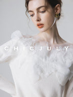 chicjuly Swan Neck Hand Embroidered 3d Floral Mesh Women's Wool Blouses