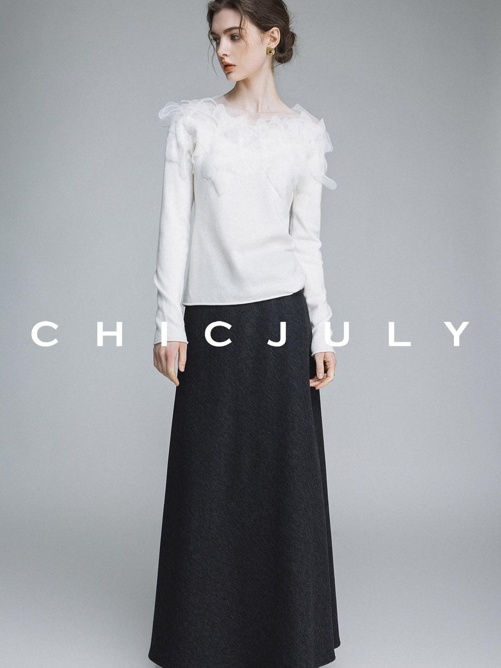 chicjuly Swan Neck Hand Embroidered 3d Floral Mesh Women's Wool Blouses