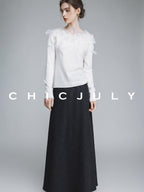 chicjuly Swan Neck Hand Embroidered 3d Floral Mesh Women's Wool Blouses