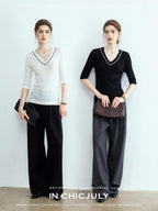 chicjuly Tailored Tapered Non Iron High Waist Women's Wool Lyocell Blend Wide-leg Pants