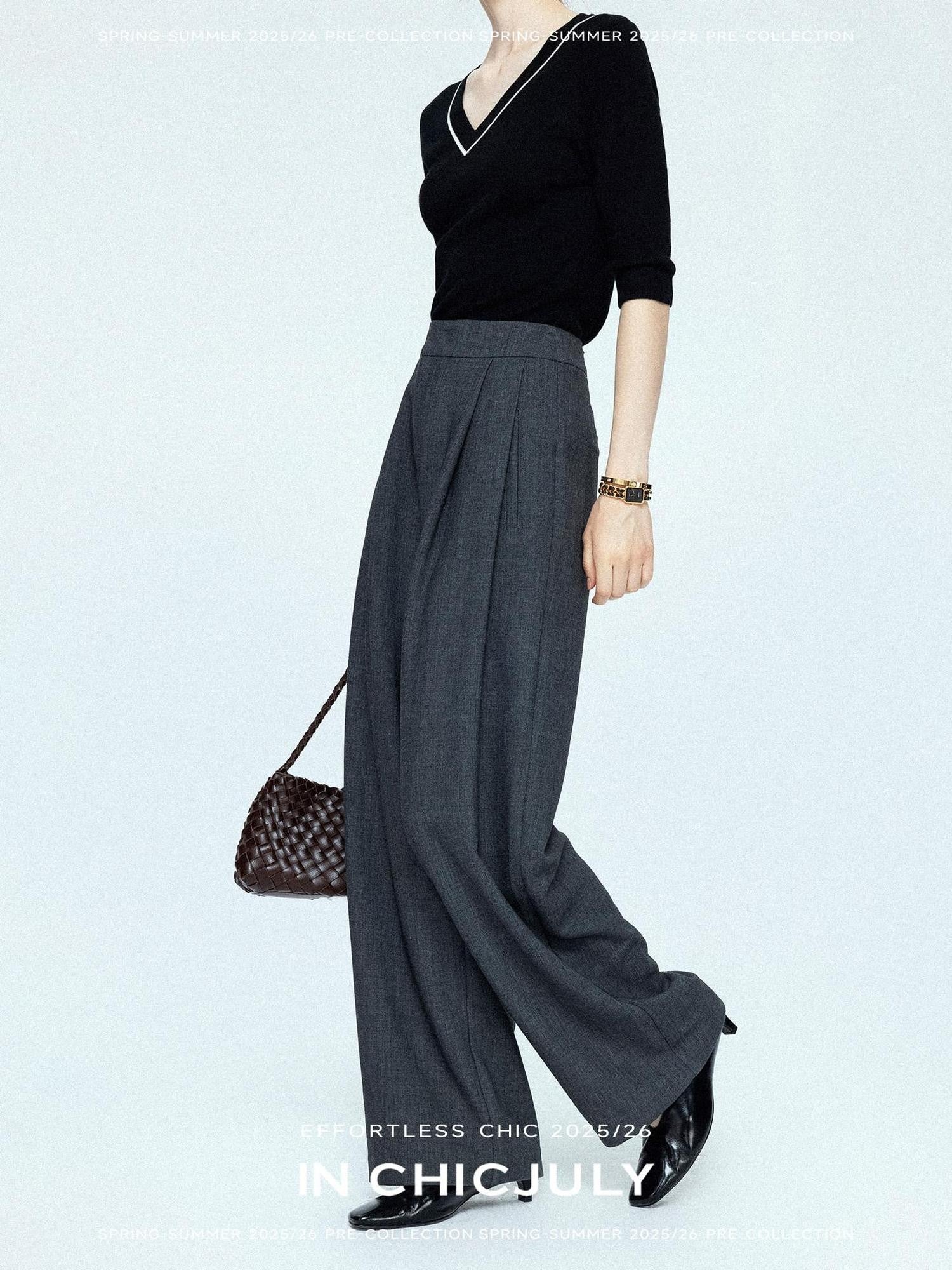 chicjuly Tailored Tapered Non Iron High Waist Women's Wool Lyocell Blend Wide-leg Pants