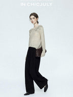 chicjuly Tailored Tapered Non Iron High Waist Women's Wool Lyocell Blend Wide-leg Pants