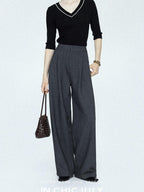 chicjuly Tailored Tapered Non Iron High Waist Women's Wool Lyocell Blend Wide-leg Pants