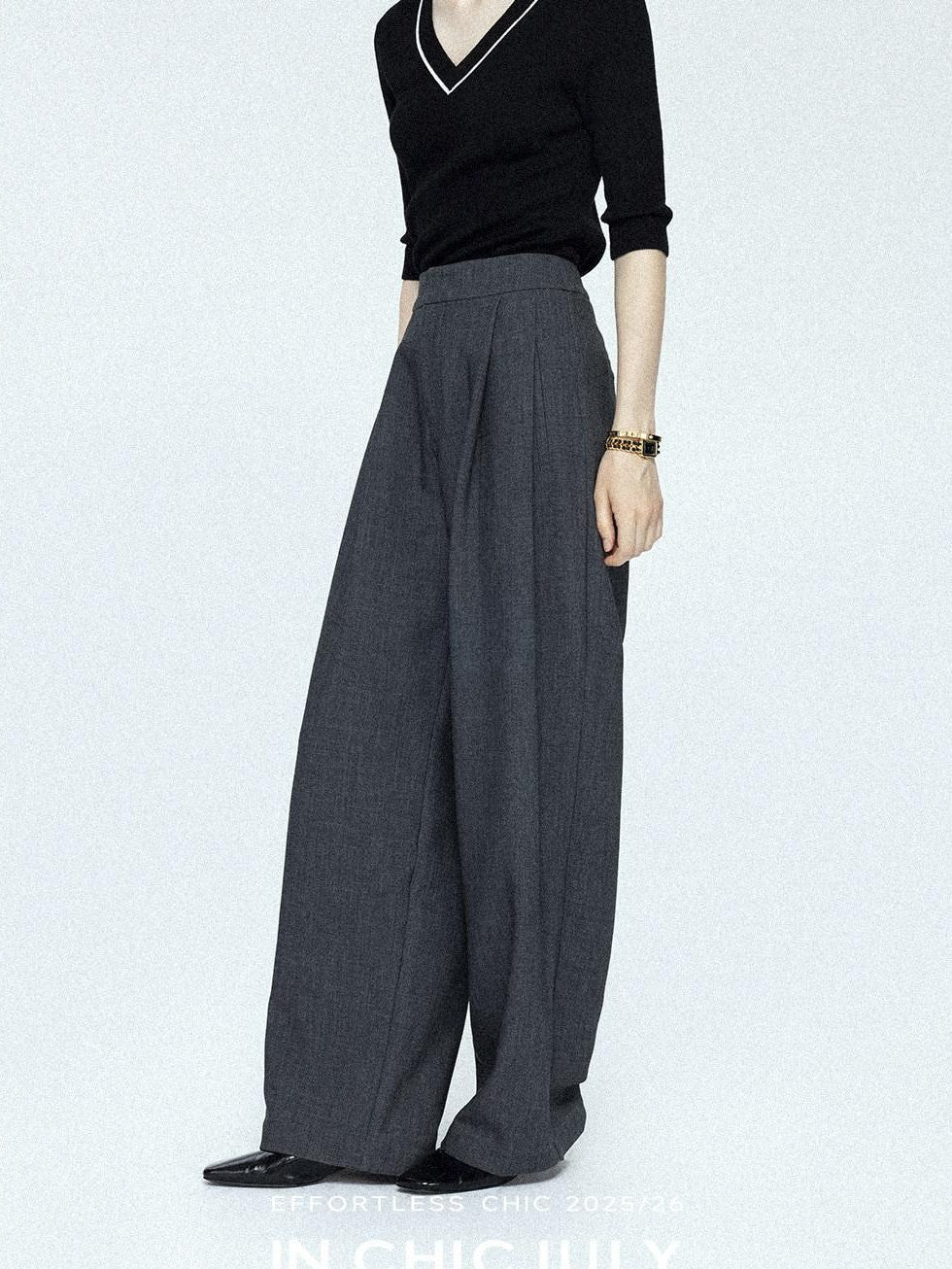 chicjuly Tailored Tapered Non Iron High Waist Women's Wool Lyocell Blend Wide-leg Pants