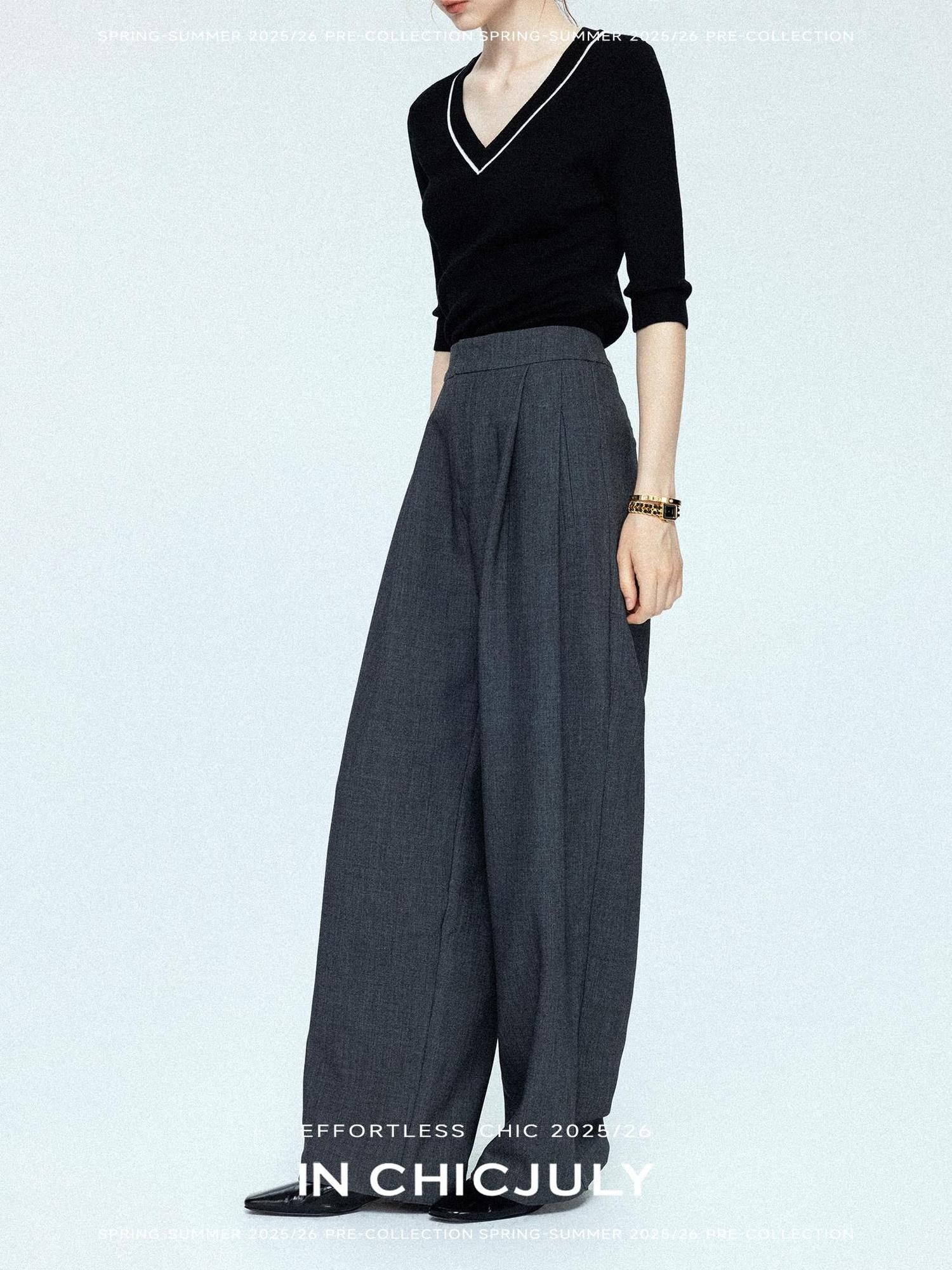 chicjuly Tailored Tapered Non Iron High Waist Women's Wool Lyocell Blend Wide-leg Pants