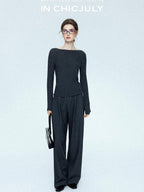chicjuly Tailored Tapered Non Iron High Waist Women's Wool Lyocell Blend Wide-leg Pants