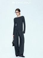 chicjuly Tailored Tapered Non Iron High Waist Women's Wool Lyocell Blend Wide-leg Pants