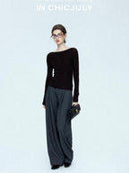 chicjuly Tailored Tapered Non Iron High Waist Women's Wool Lyocell Blend Wide-leg Pants
