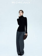 chicjuly Tailored Tapered Non Iron High Waist Women's Wool Lyocell Blend Wide-leg Pants